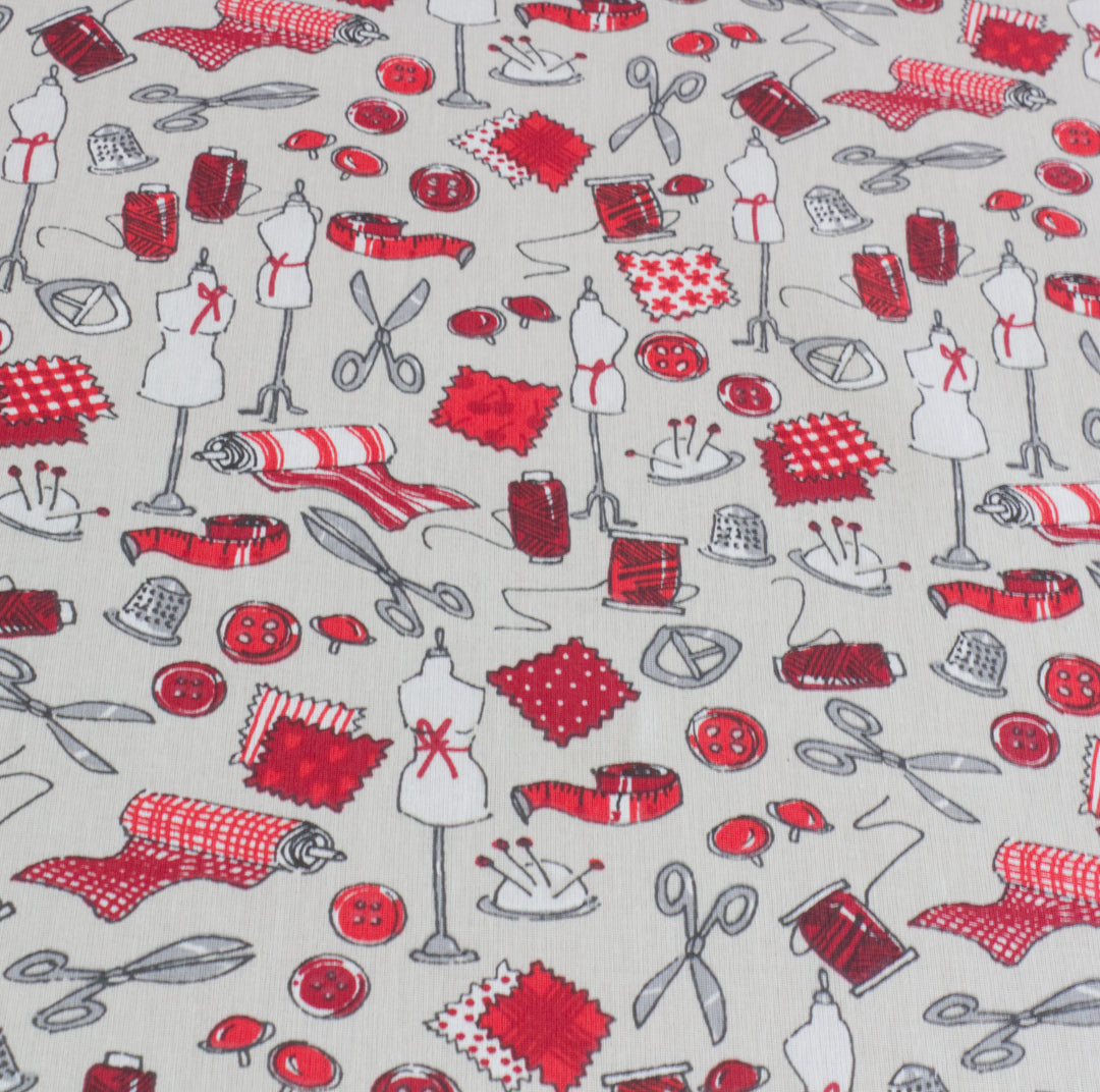 Clearance Haberdashery Room Grey / Red Fabric