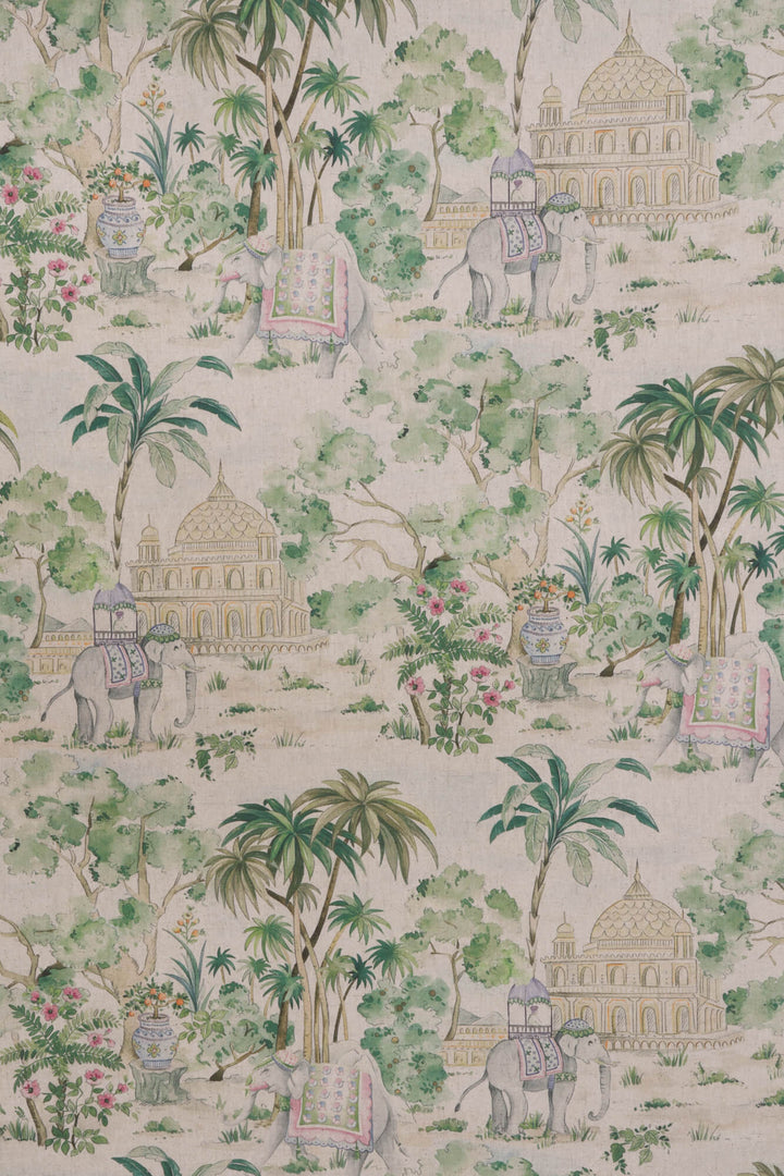 Elephant & Palm Linen Double Width Fabric