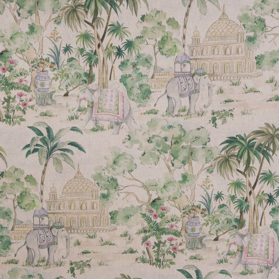 Elephant & Palm Linen Double Width Fabric