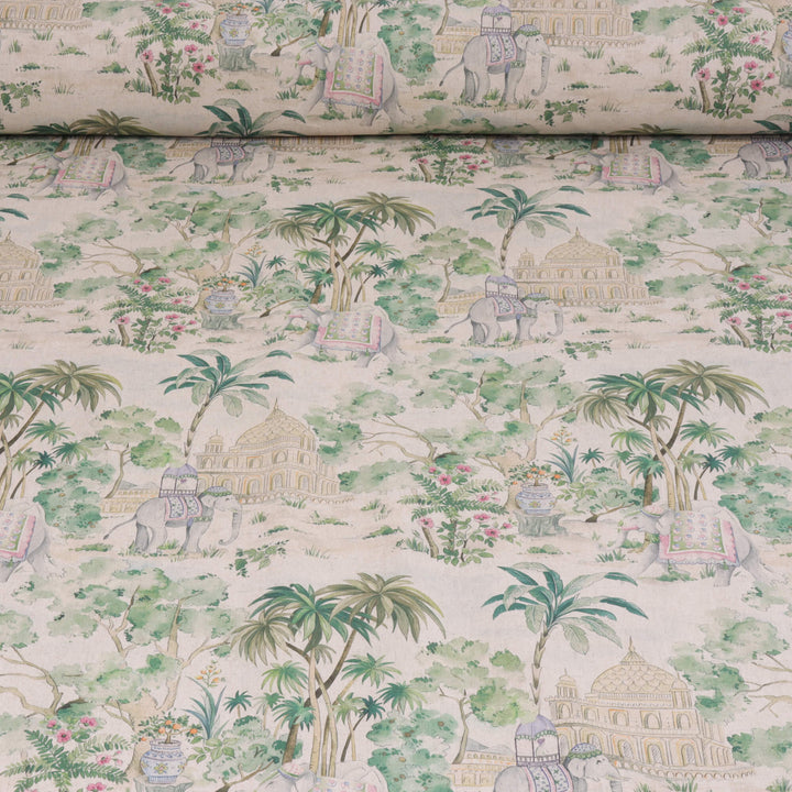 Elephant & Palm Linen Double Width Fabric