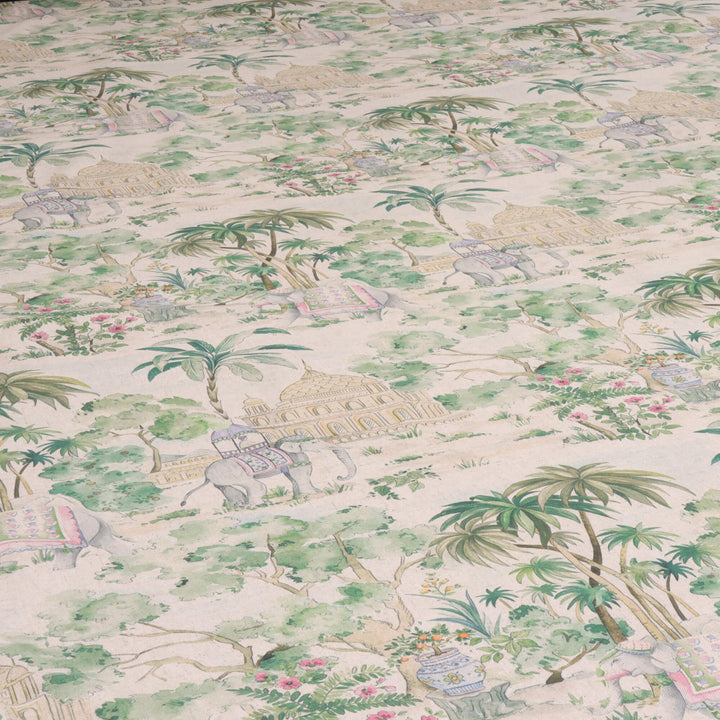 Elephant & Palm Linen Double Width Fabric