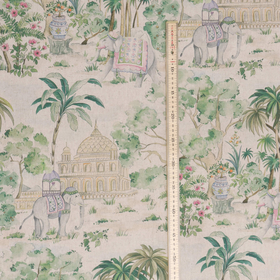 Elephant & Palm Linen Double Width Fabric