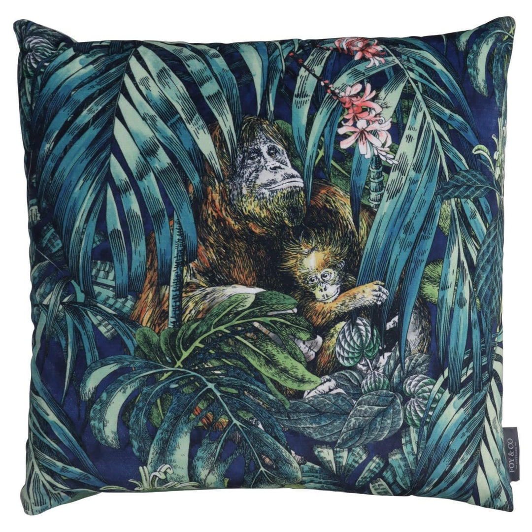 Orangutan Forest Aqua / Blue Velvet Cushion