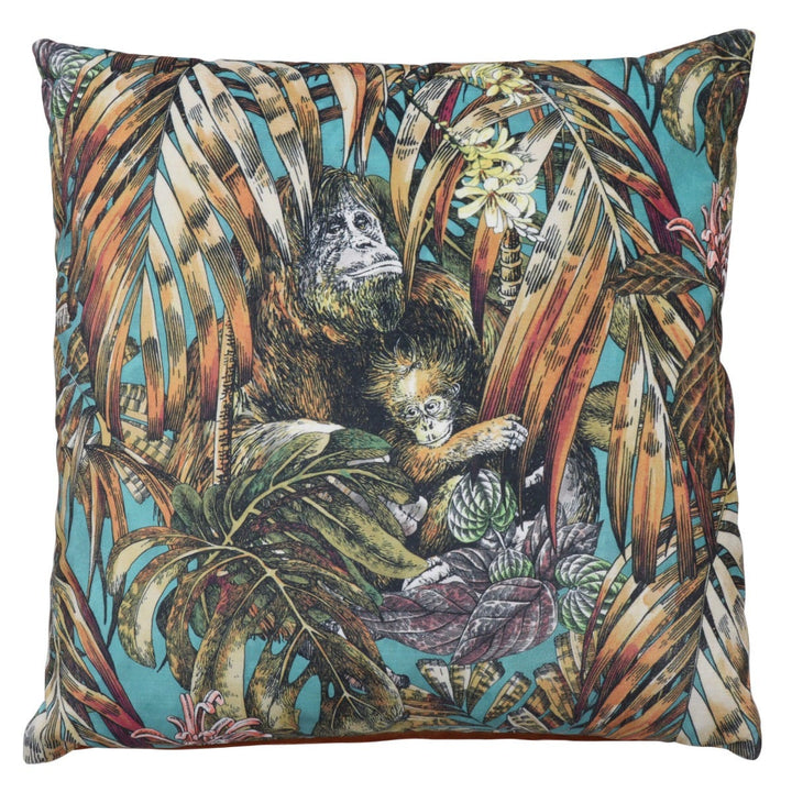 Orangutan Forest Teal / Orange Velvet Cushion