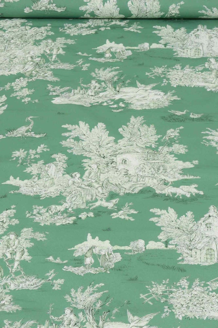 French Pastorale Toile Double Width Fabric Green