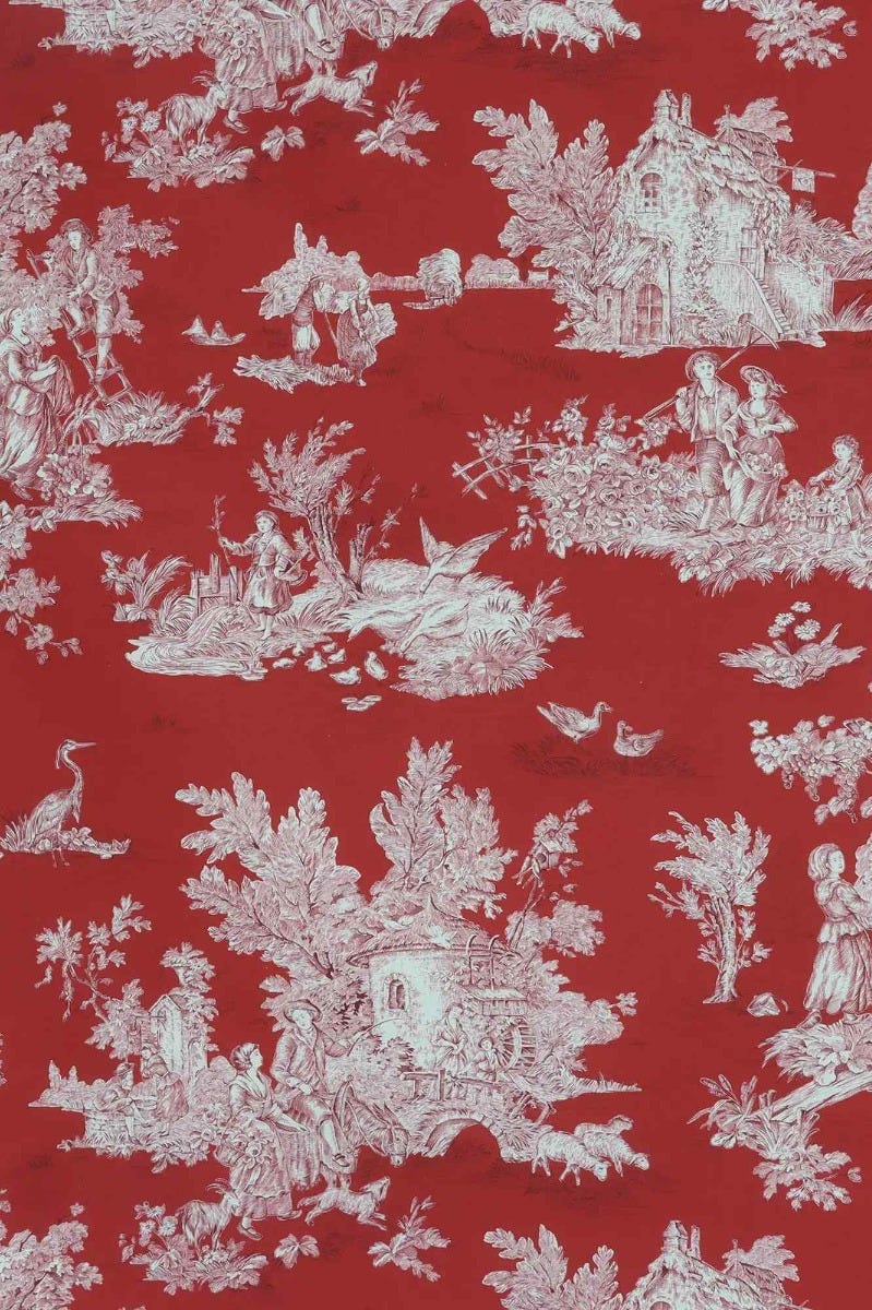 French Pastorale Toile Double Width Fabric Red/Cream