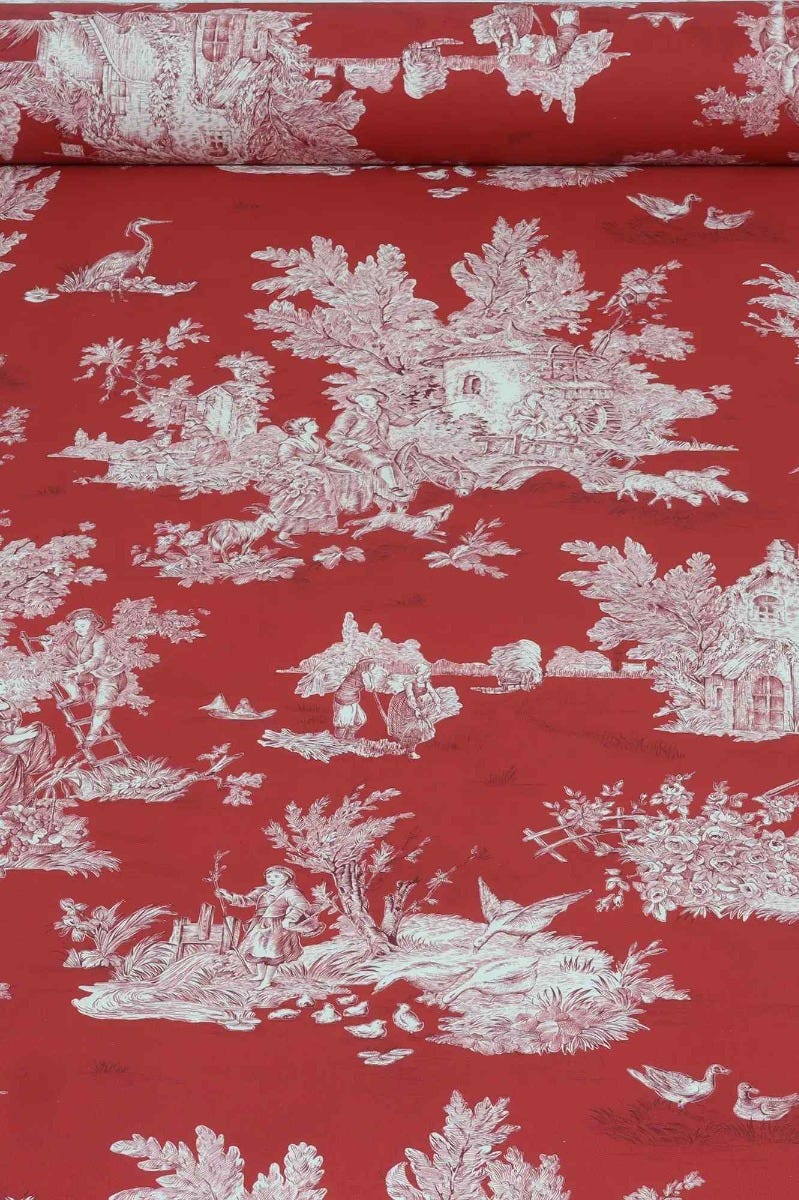 French Pastorale Toile Double Width Fabric Red/Cream