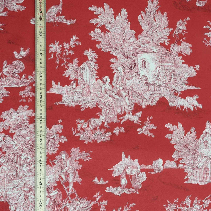 French Pastorale Toile Double Width Fabric Red/Cream