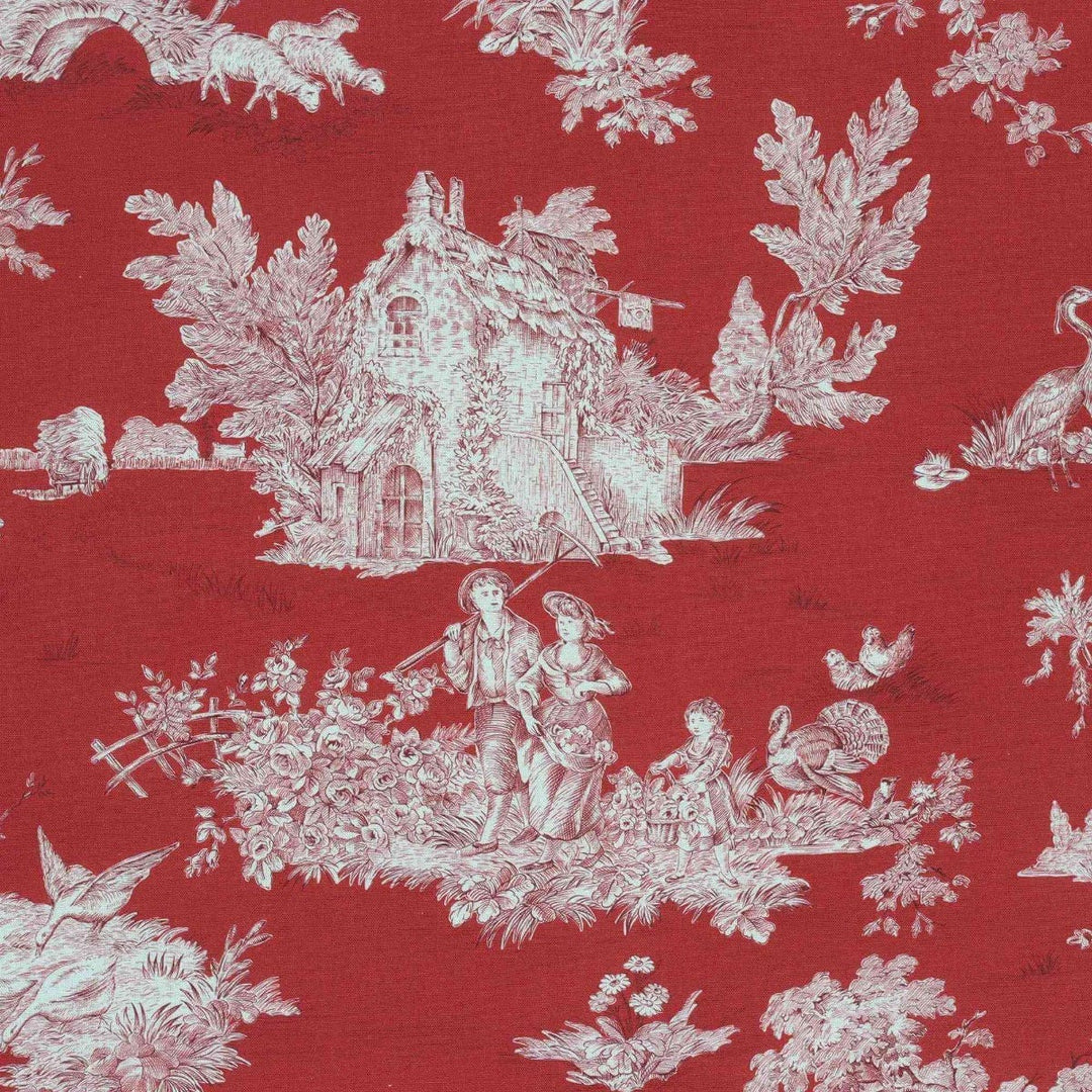 French Pastorale Toile Double Width Fabric Red/Cream