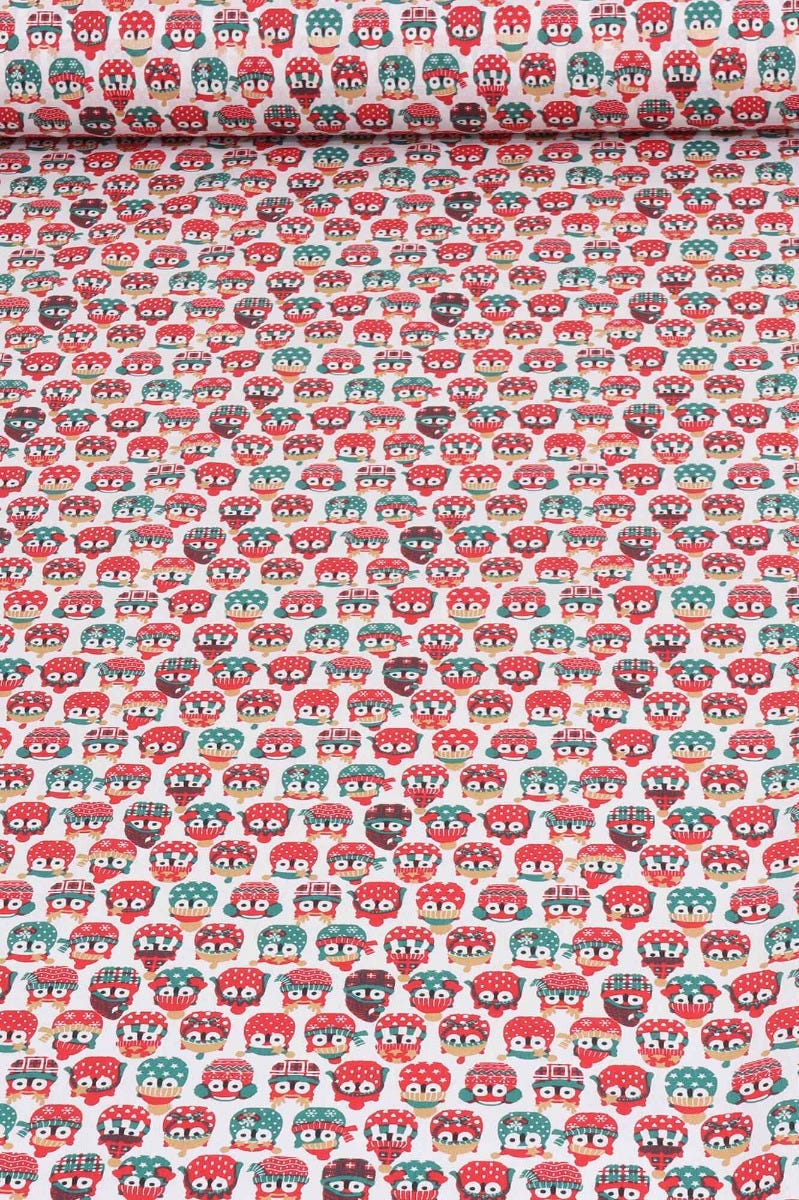 Christmas Comical Winter Owls Fabric 100% Cotton