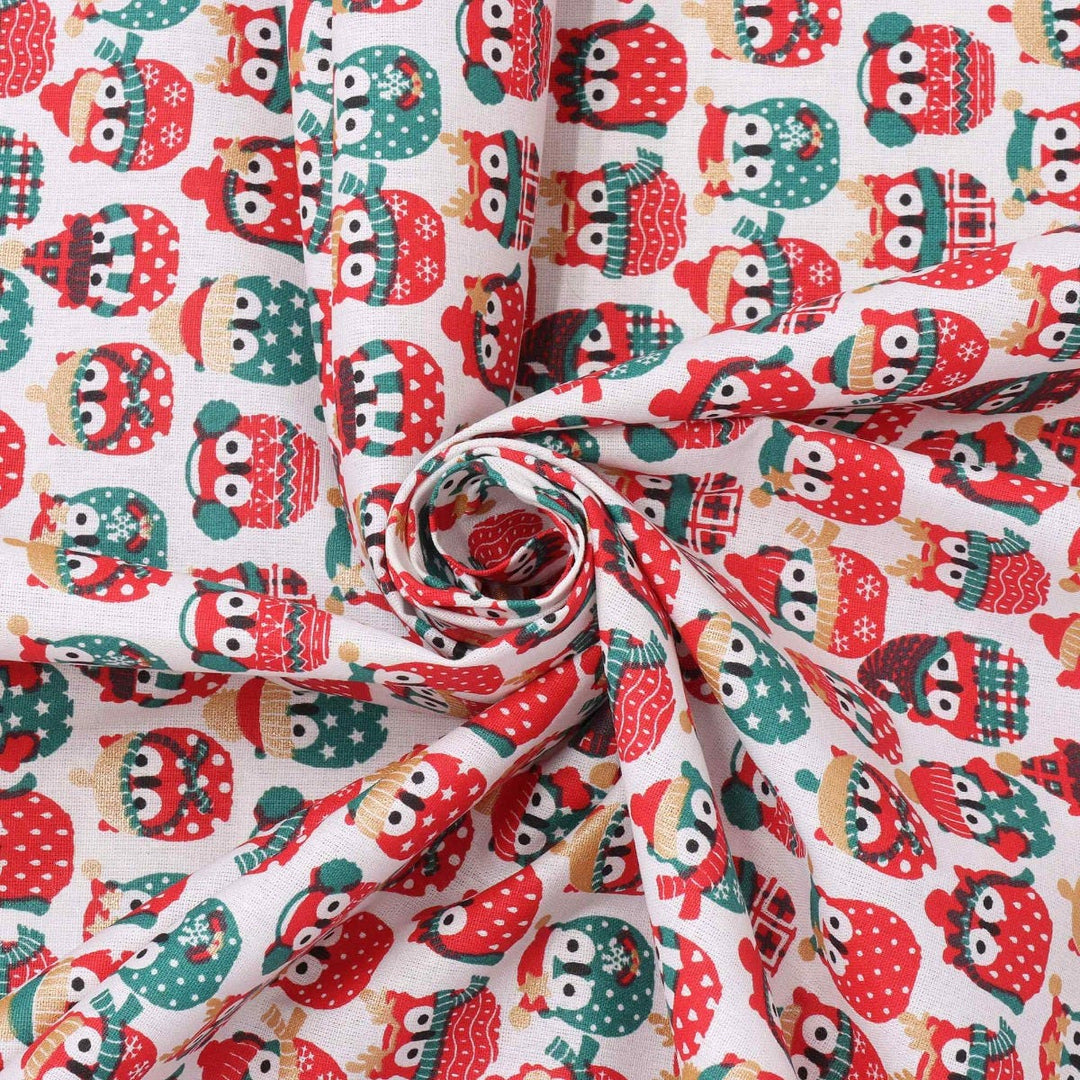 Christmas Comical Winter Owls Fabric 100% Cotton