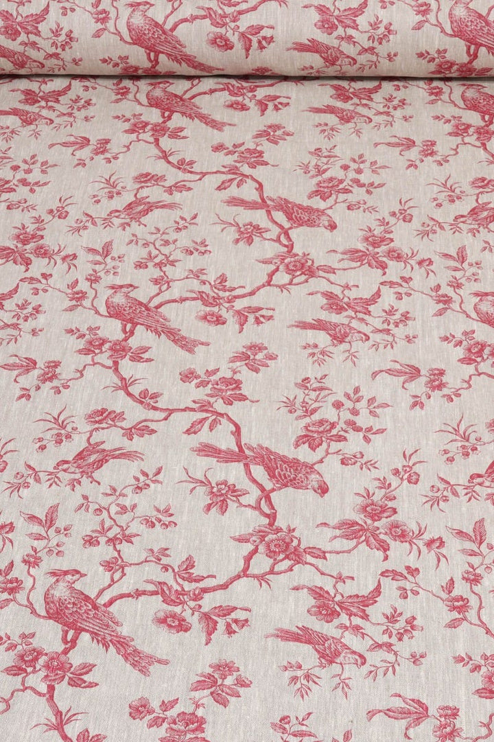 Isabelle Bird Raspberry Toile Linen Fabric