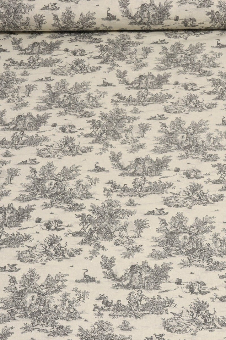 Mini French Toile De Jouy Charcoal 160cm Fabric