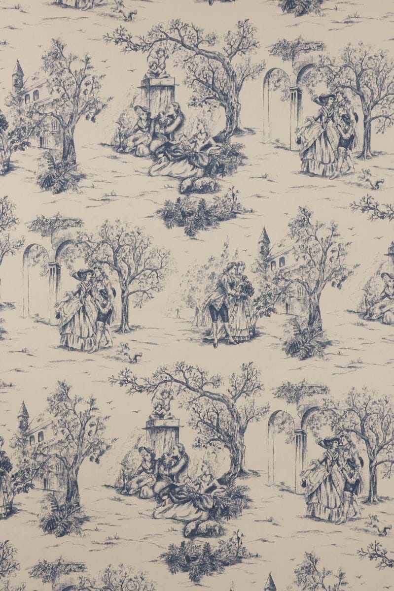 Lovers Toile Blue on Cream Fabric