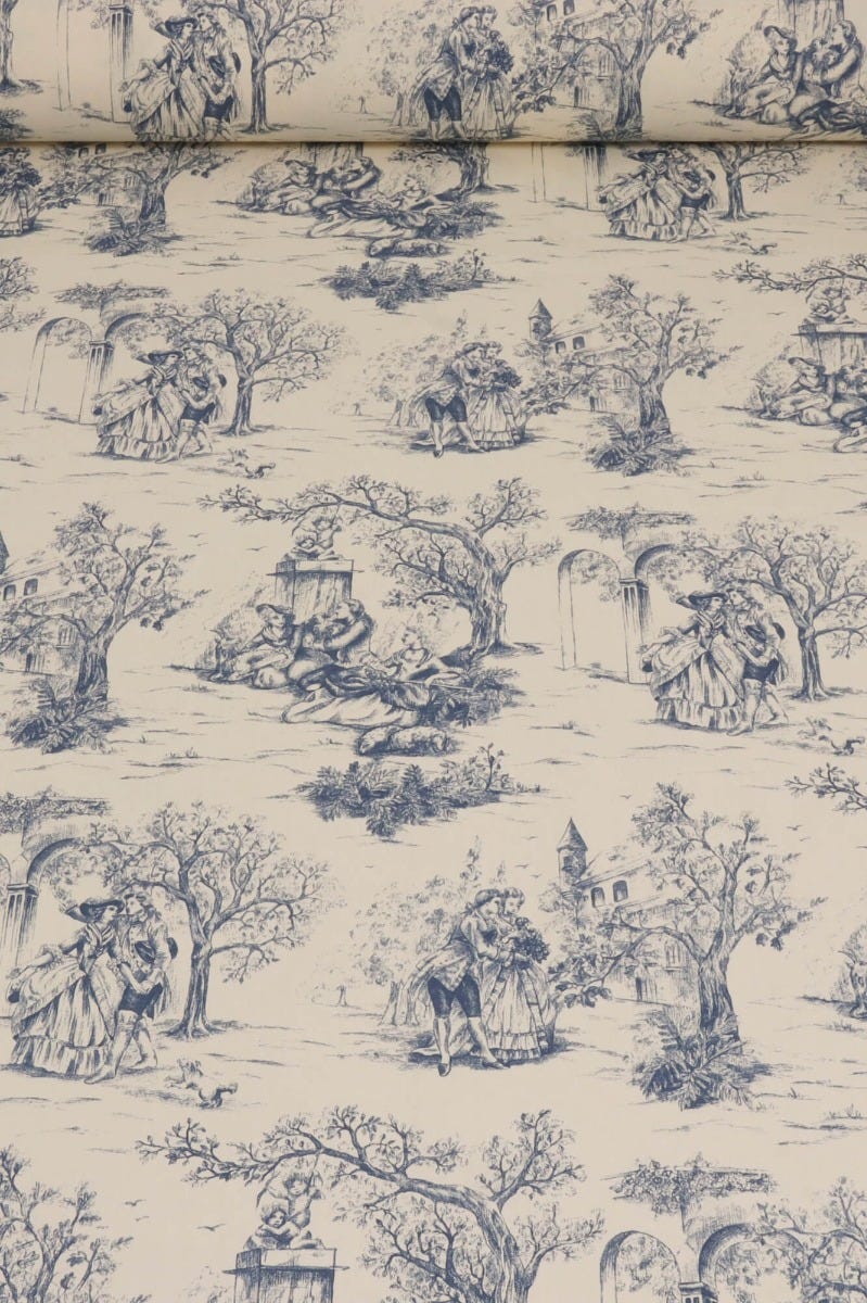 Lovers Toile Blue on Cream Fabric