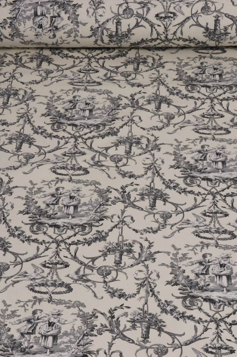 Double Width Fragonard Toile Charcoal on Cream Fabric