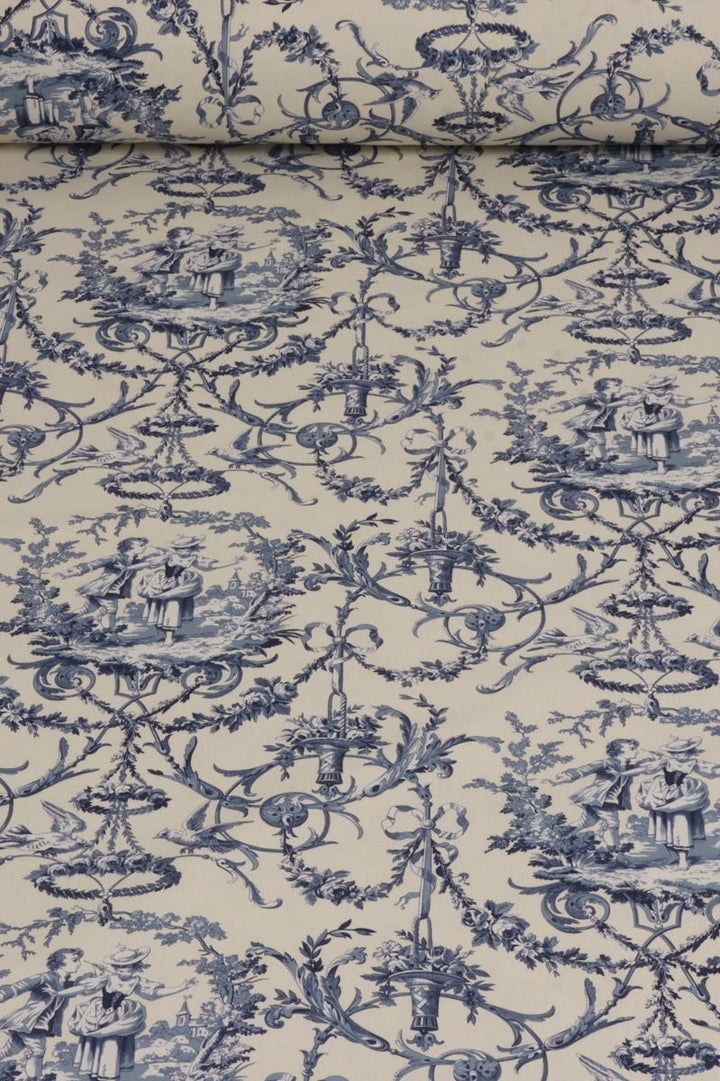 Double Width Fragonard Toile Blue on Cream Fabric