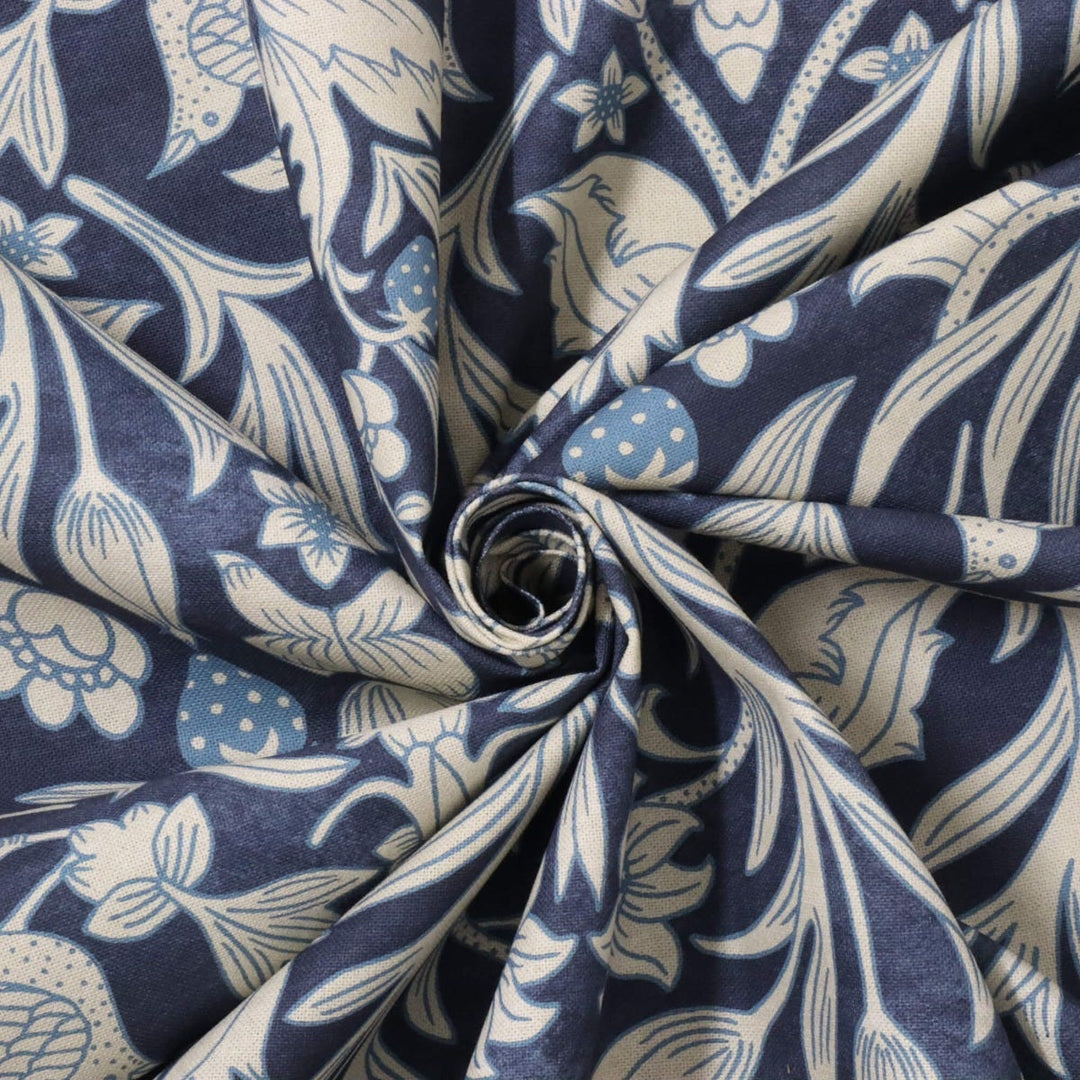 Strawberry Bird Cotton Indigo Fabric