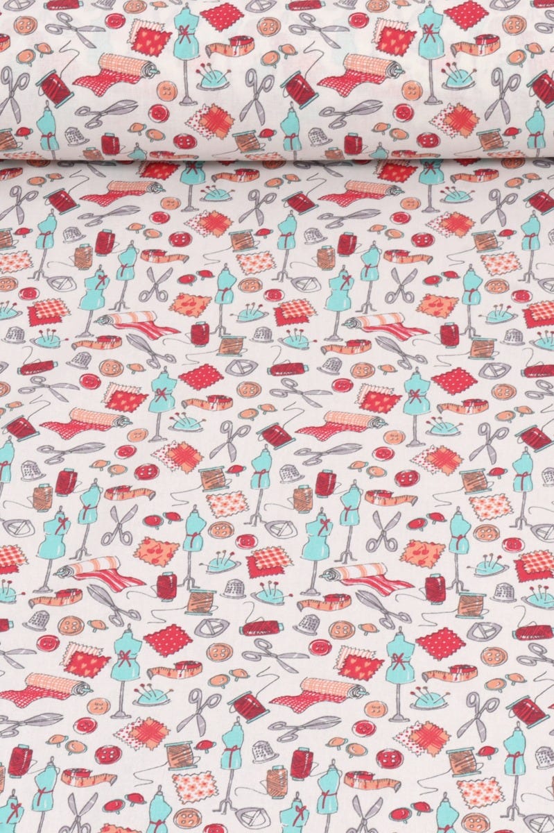 Clearance Haberdashery Room Mint / Red Fabric