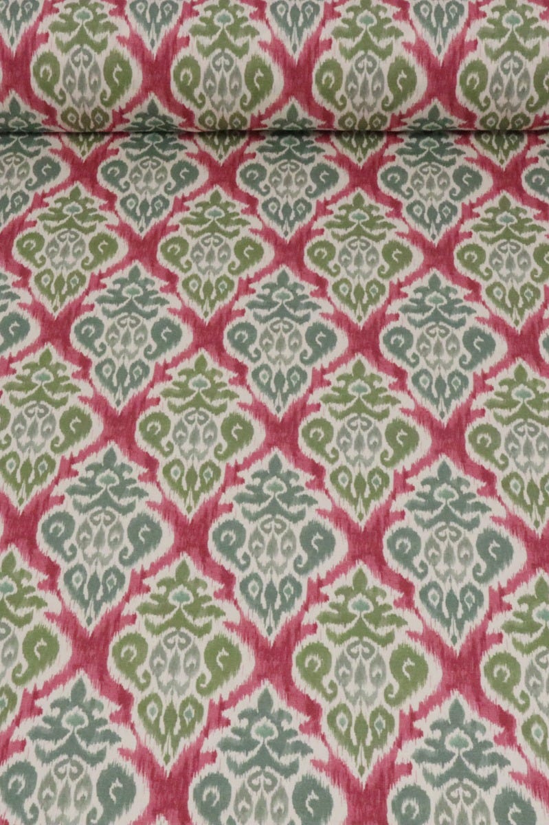 Chess Designs Arlo Olive Fuchsia Ikat Fabric