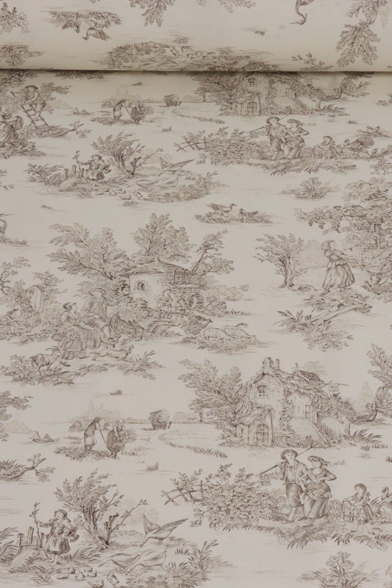 French Pastorale Toile Double Width Beige Bachette Fabric