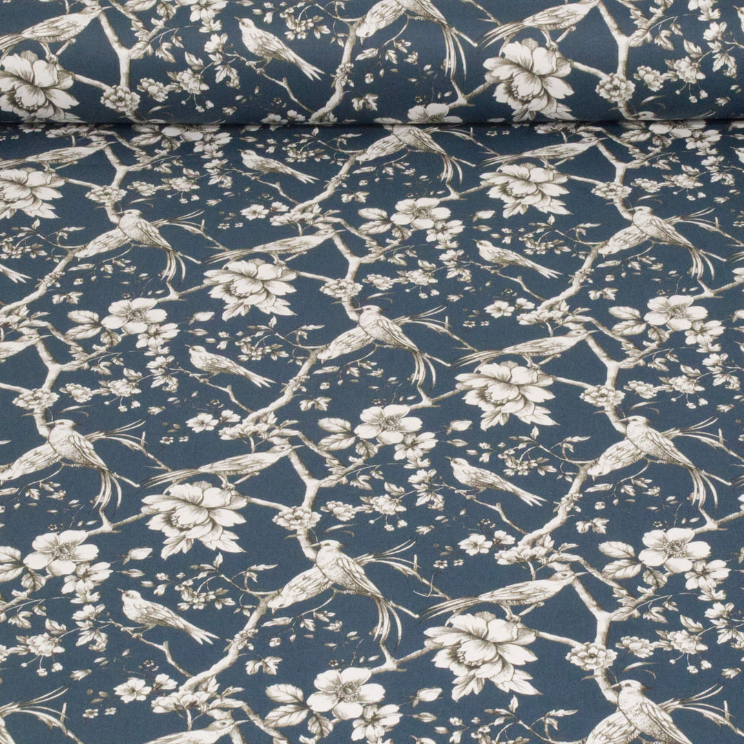 Floral Bird Toile Petrol Fabric