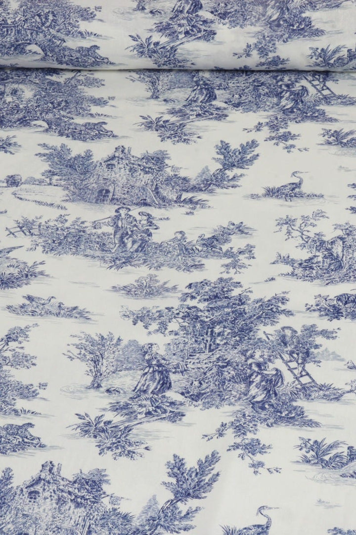 French Toile De Jouy 100% Cotton in Blue Fabric