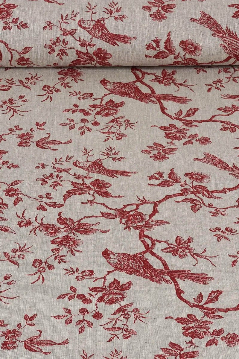 Isabelle Bird Red Toile Linen Fabric