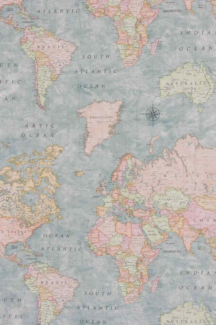 World Map Blue Fabric