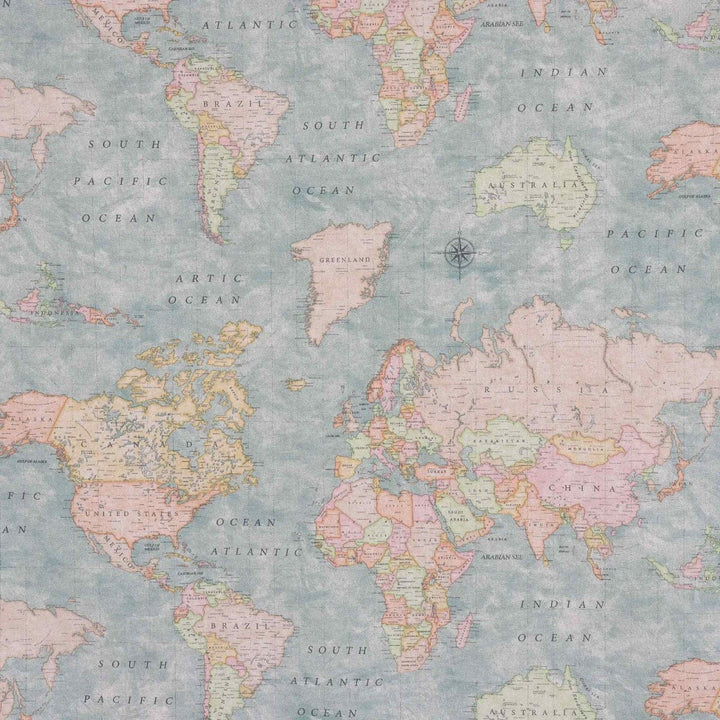 World Map Blue Double Width Fabric