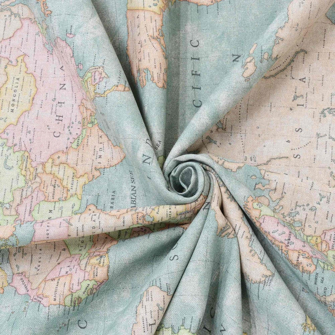 World Map Blue Double Width Fabric