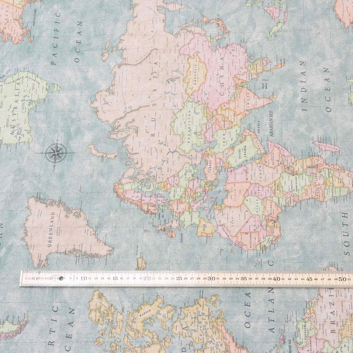 World Map Blue Double Width Fabric