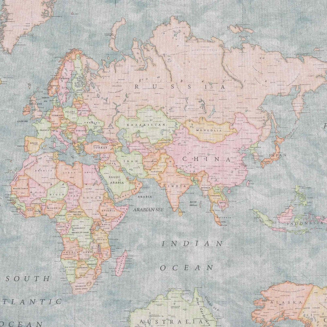 World Map Blue Double Width Fabric