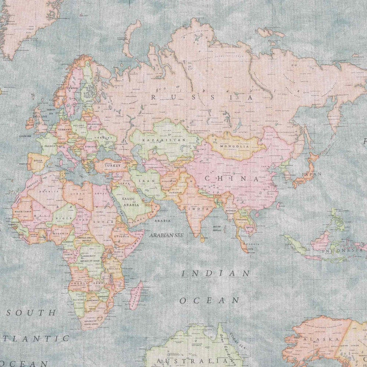 World Map Blue Double Width Fabric