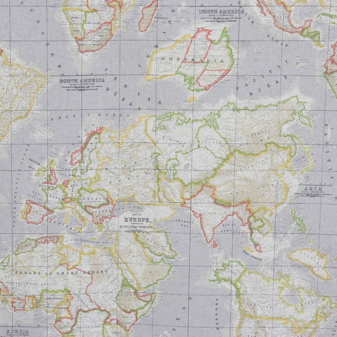 World Map Grey Double Width Fabric