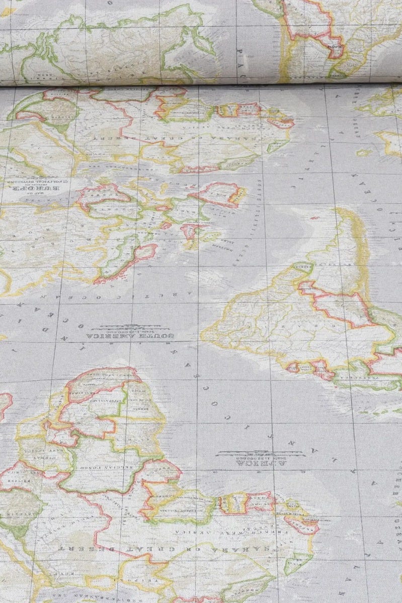 World Map Grey Double Width Fabric