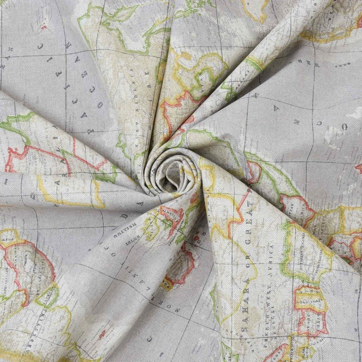 World Map Grey Double Width Fabric