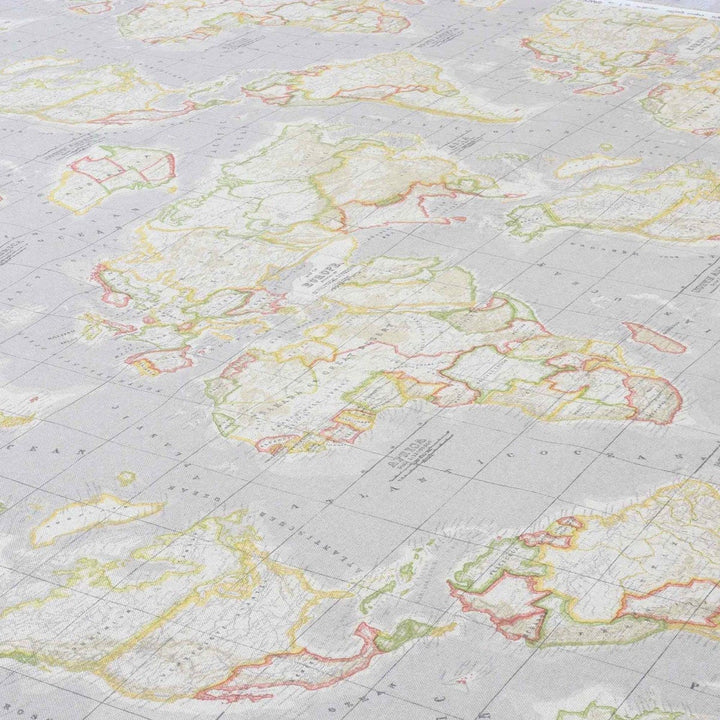 World Map Grey Double Width Fabric