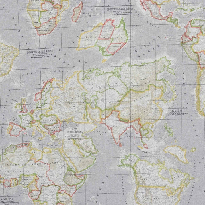 World Map Grey Double Width Fabric