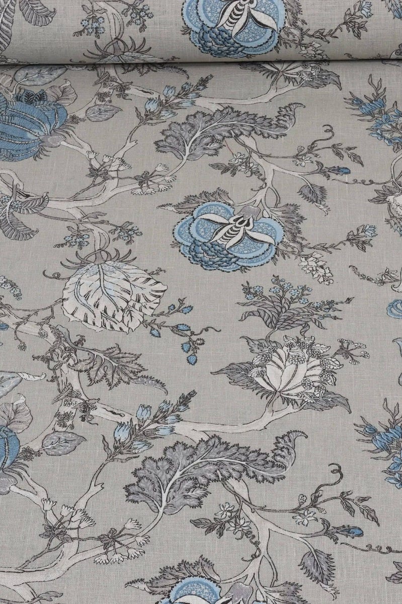 Bukhara Jungle Blue Greywash Linen Fabric