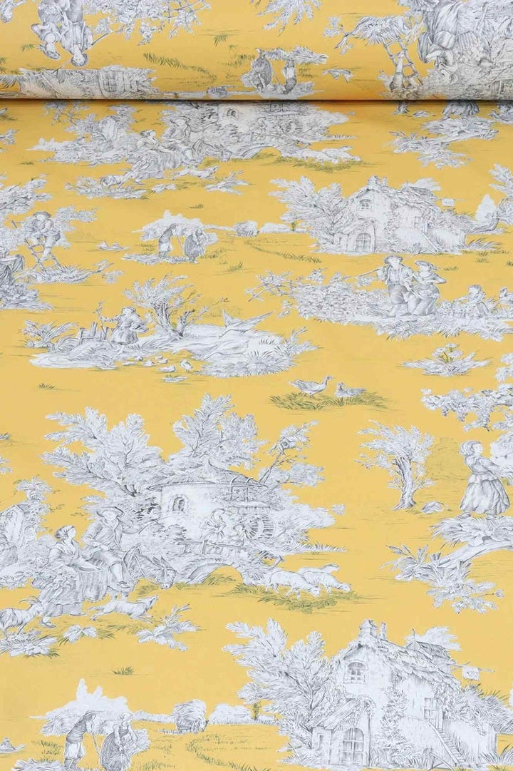 French Pastorale Toile in Yellow Double Width Fabric