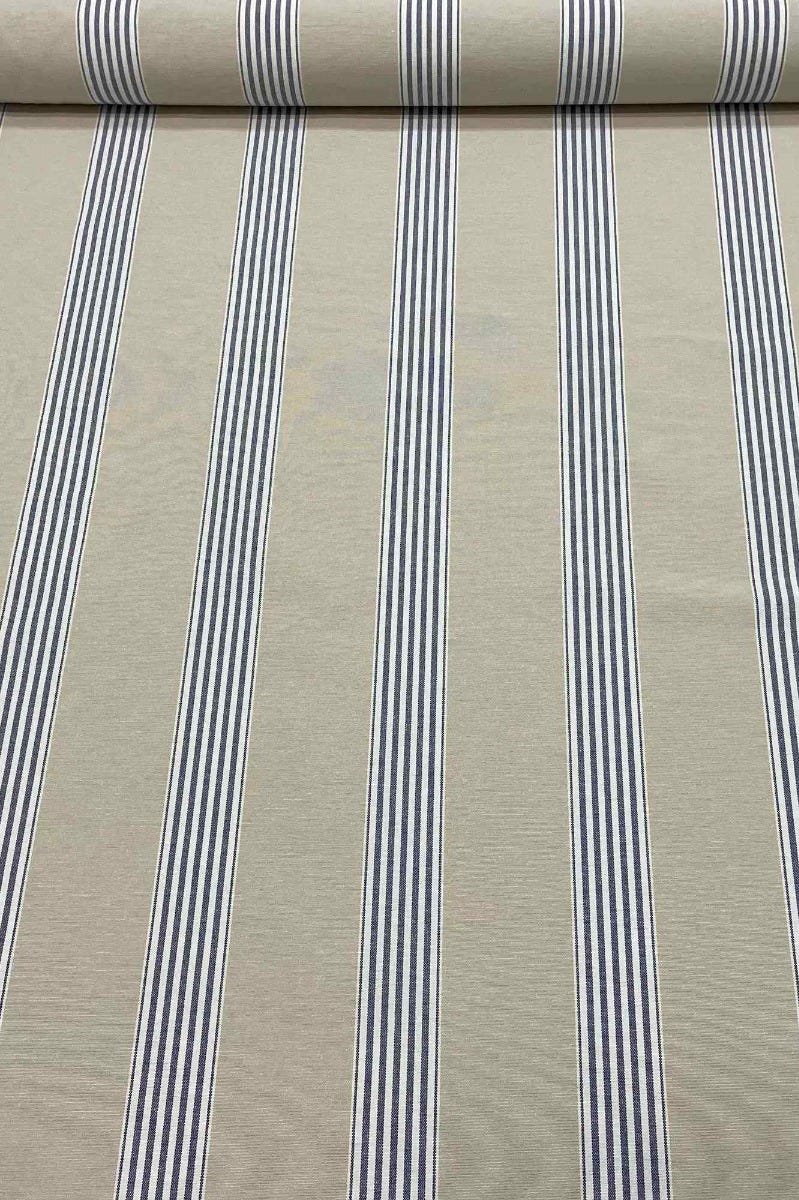 March Stripe Blue on Tan Fabric