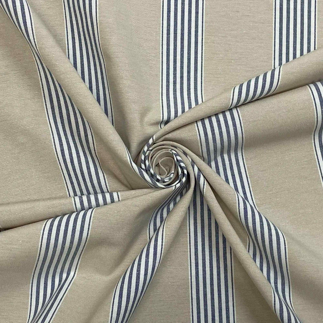 March Stripe Blue on Tan Fabric