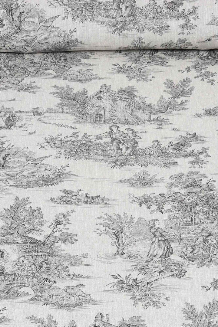 Linen Fabric Toile De Jouy Charcoal Fabric