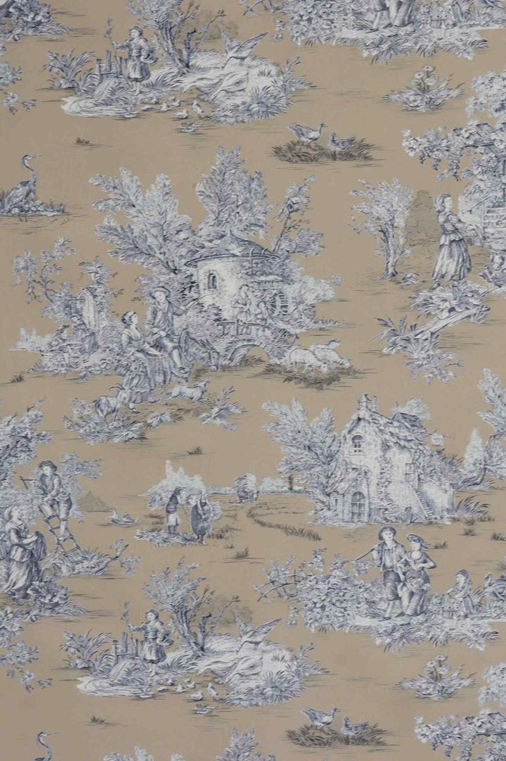 French Pastorale Toile Blue on Tan Fabric