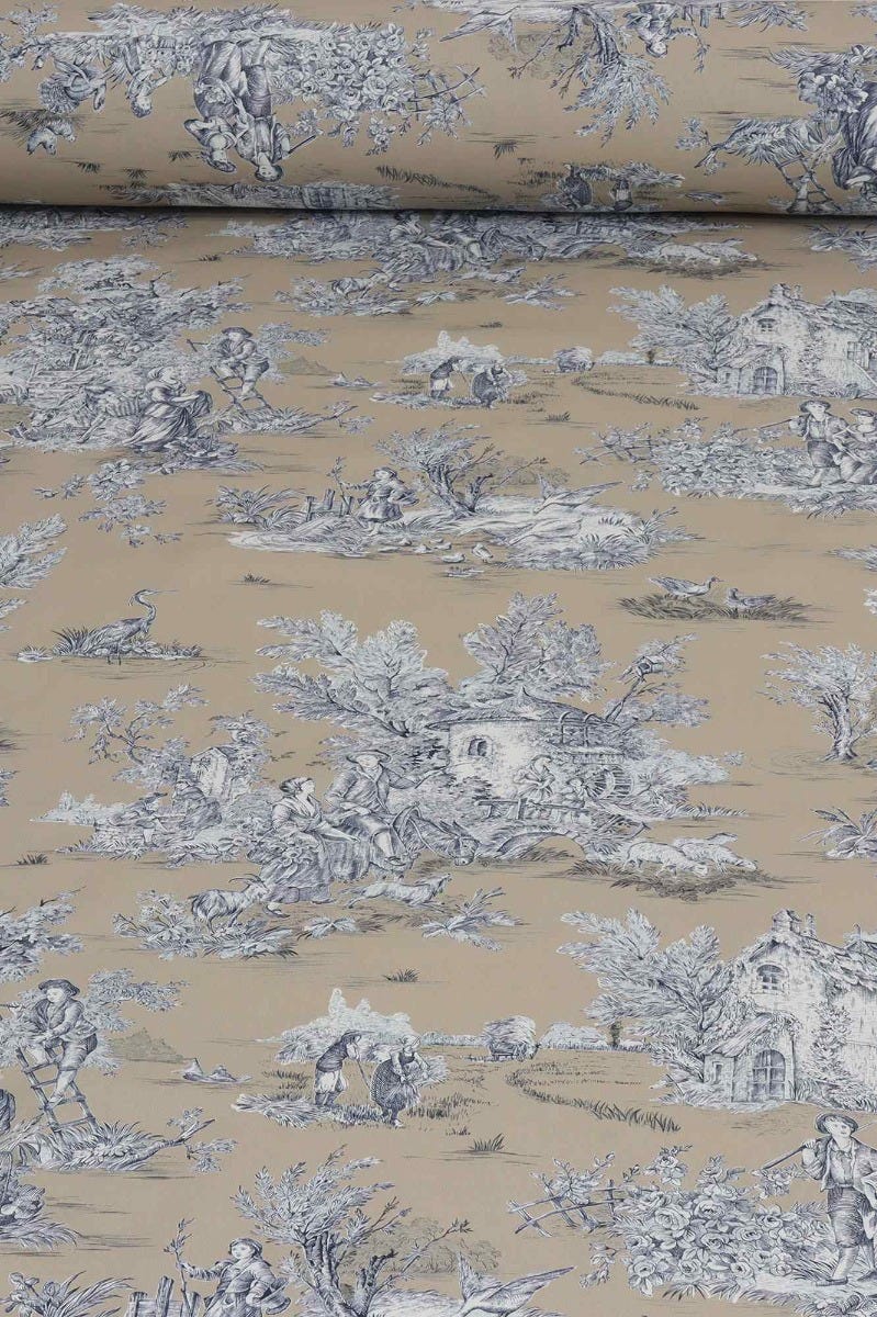 French Pastorale Toile Blue on Tan Double Width Fabric