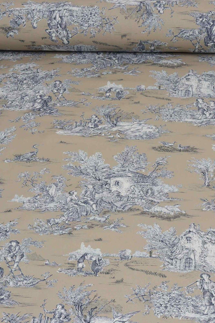 French Pastorale Toile Blue on Tan Double Width Fabric