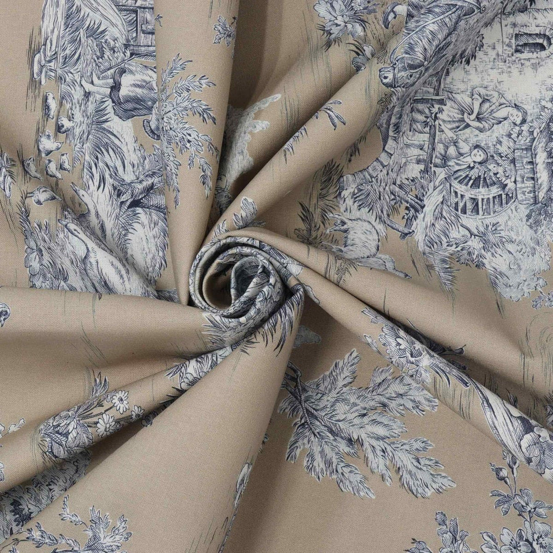 French Pastorale Toile Blue on Tan Double Width Fabric