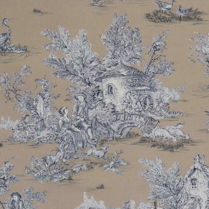 French Pastorale Toile Blue on Tan Double Width Fabric