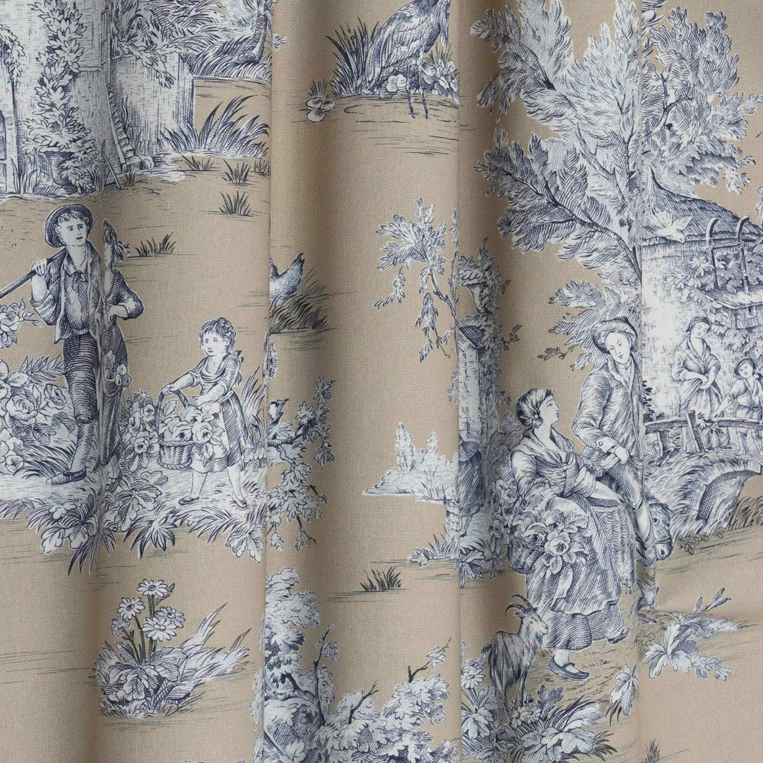 French Pastorale Toile Blue on Tan Double Width Fabric